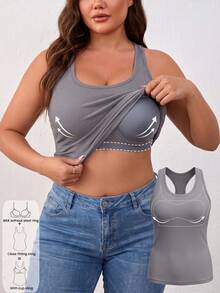 Plus Size 2-In-1 Ribbed Tank Top Built-In Molded Cup Racerback Cami For Women Fall Layering Daily - Grey - View 3