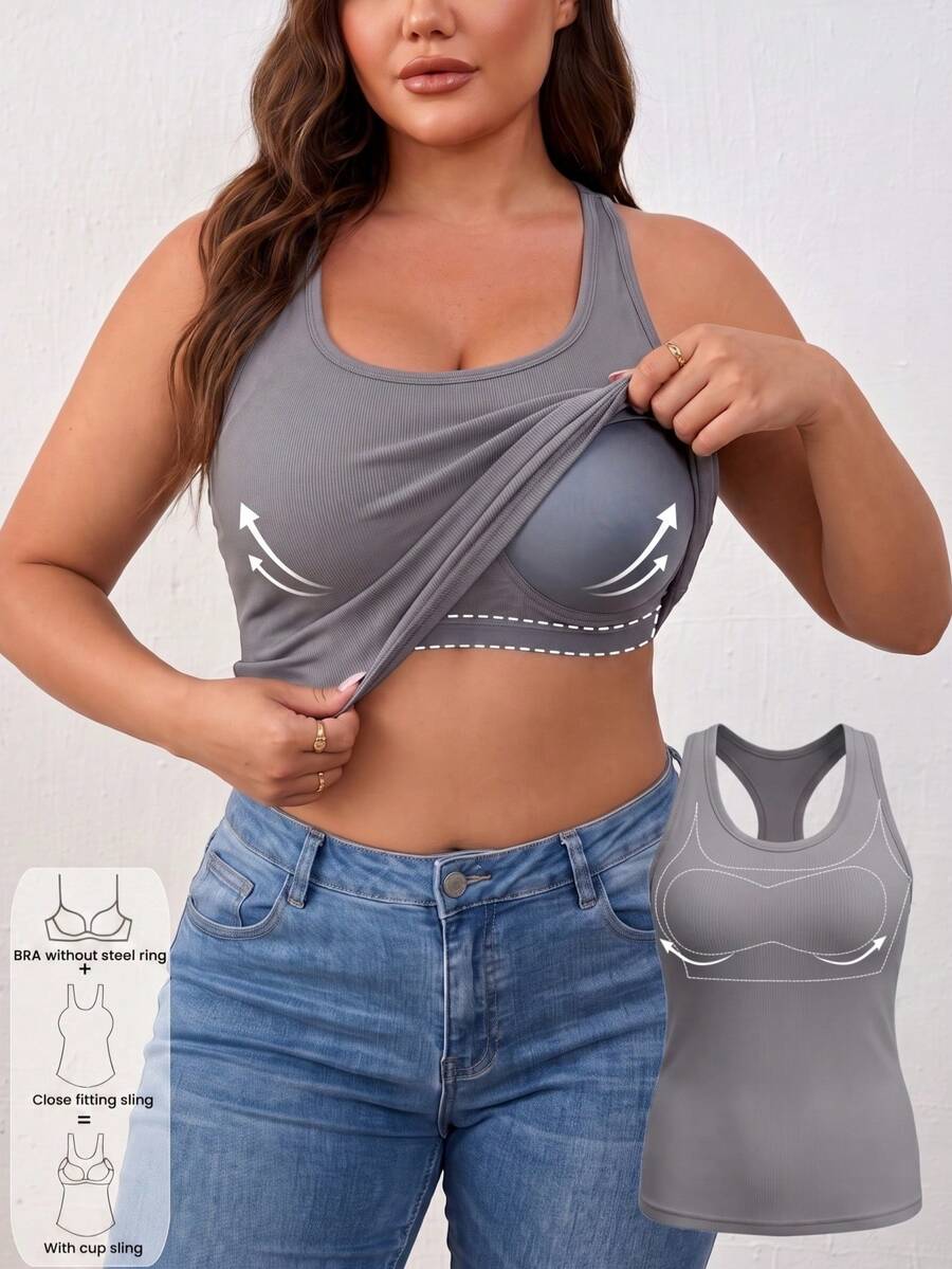 Große Größen 2-in-1 geripptes Tanktop mit integrierten geformten Cups und Racerback-Trägern für Damen, Herbst-Layering, Alltag - Grau - Übersicht 1