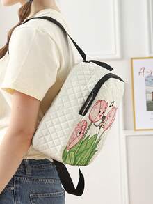 1pc Diamond Pattern Backpack, School Bag, Storage Bag, Travel Storage Backpack, Floral Print Design, Large Capacity Foldable Easy Storage Bag, Lightweight Burden Reduction, Reinforced Shoulder Straps + Zipper Closure, Large Capacity Storage More Organized, Convenient And Practical For Retrieving Items, Suitable For Student School Bag, Women's Commuter Backpack, Short Trip Bag, Campus Casual Backpack, Applicable For School Books, Daily Commute, Outdoor Travel - Multicolor - View 7