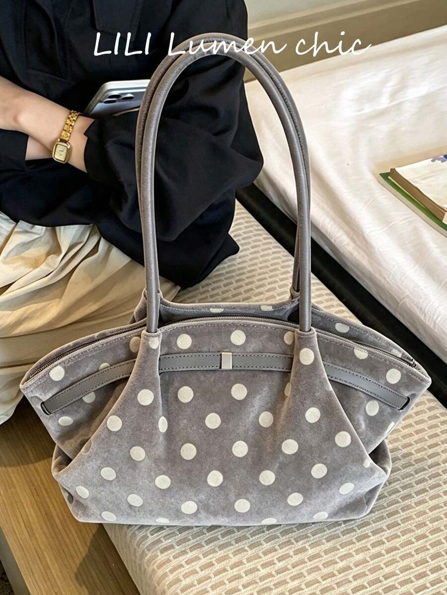波點印花皮革拼接女款復古手提包,大容量旅行收納包,適合購物通勤,長手柄設計簡約托特包 - 灰色 - 查看 1