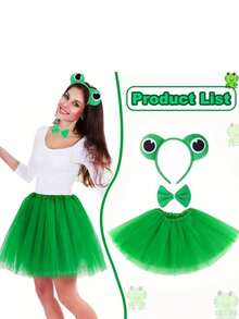 4pcs Or 3pcs Green Cute Costume Set, Includes 3D Headband, Belt And Tail Mesh Chiffon Skirt, Suitable For Birthday Party, Stage Performance And Other Occasions, Halloween - Multicolor - View 3