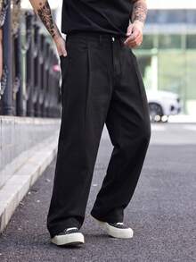 1pc Men's Denim Wide Leg Pants, Solid Color Versatile, Fashionable , Suitable For Daily Casual Wear, All Seasons - Black - View 3