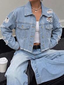 Women's Light Wash Short Denim Shacket, Distressed Detail, Long Sleeve Shirt Collar, Non-Stretch, Grunge Style - Light Wash - View 5
