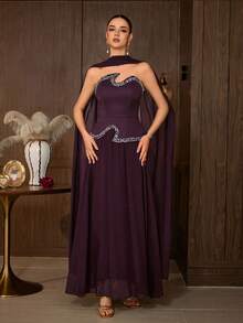 Elegant Women's Strapless Beaded Evening Gown, Asymmetrical Design, Perfect For Prom And Evening Events, 2 Pieces Set With Ribbon - Dark Purple - View 6