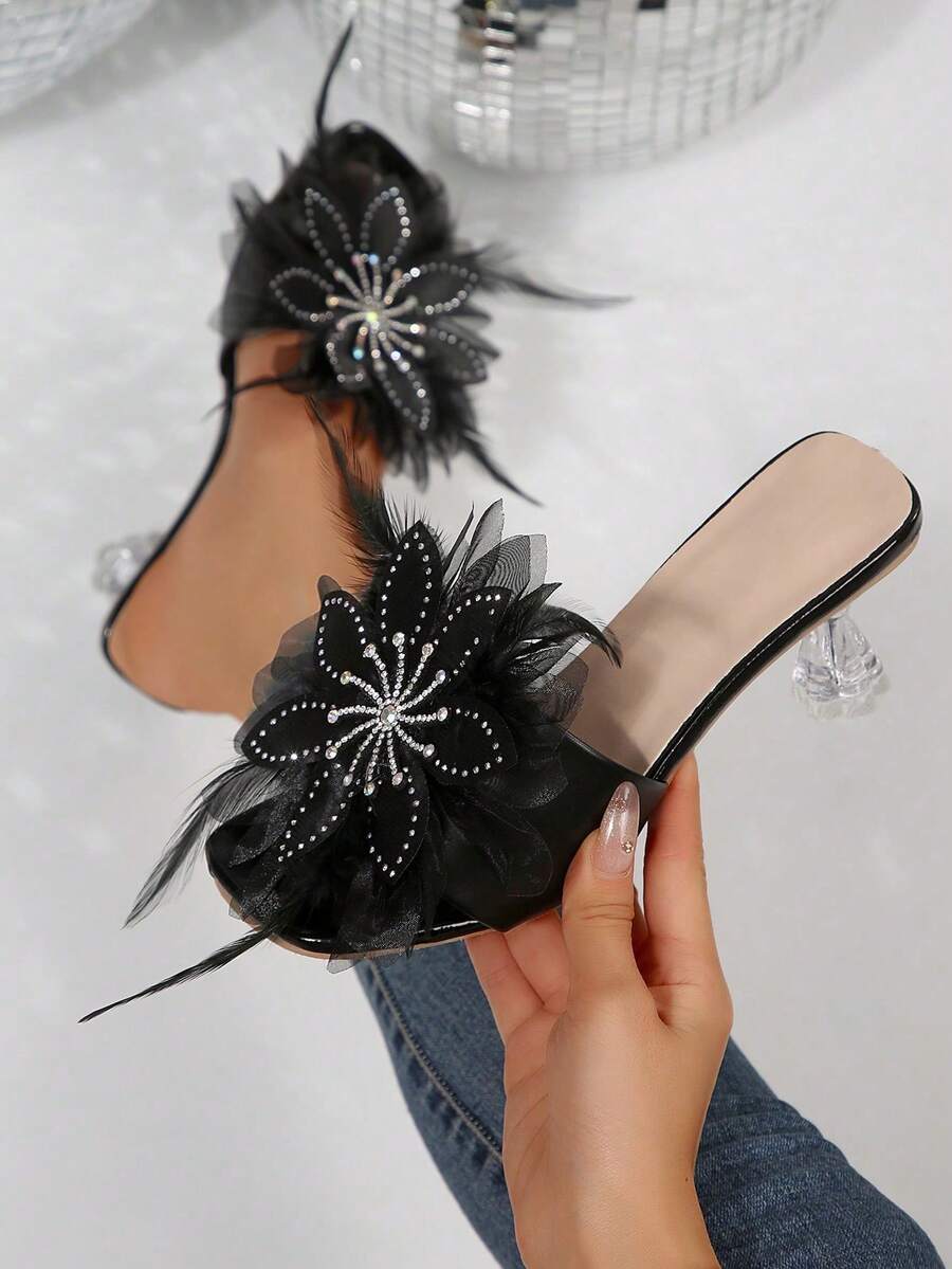 Summer Holiday Fairy Style Square Toe Applique Design Stiletto Heel Sandals For Women, Versatile Outdoor Wear Slimming Fashion French High Heel Sandals, Elegant Versatile High-End Feel - Black - View 1