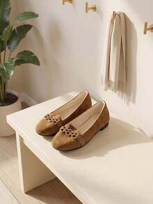 1 Pair 2026 Girls' Chain Decor Suede Round Toe Flat Loafers, Vintage Campus Daily Style - Brown - View 3