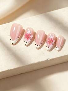 24pcs Long Almond Shape Press-On Nails, 3D Gel Flower And Polka Dot Pattern, Decorated With Small Steel Beads, Acrylic Artificial Nails - Multicolor - View 3