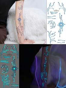 3Sheets Large Luminous Sci-Fi Machinery Design Temporary Tattoo Stickers For Men Women,Waterproof Female Robot Cyberpunk Futuristic Mechanical Line Pattern Glow In Dark Temporary Tattoos Cosplay Mech Party Body Decoration Stickers,Halloween Costume - Multicolor - View 6