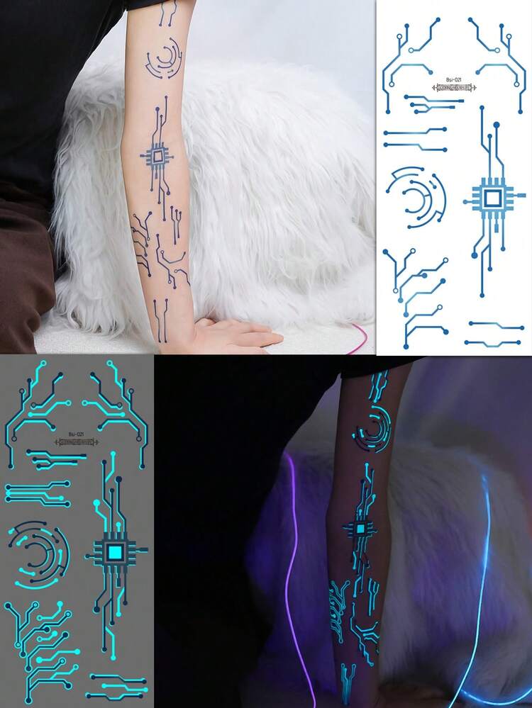 3張大尺寸發光科幻機械設計臨時紋身貼紙，適用男女性，防水女性機器人賽博龐克未來感機械線條圖案，螢光暗處發光，Cosplay機甲派對身體裝飾貼紙，萬聖節服裝配件 - 彩色 - 查看 6