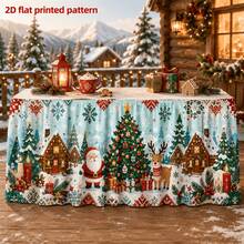 1pc Polyester Printed Tablecloth Table Skirt With Santa Claus, Reindeer, Snow House, Christmas Tree, Gift Box, Candle, Pine Cone, Snowflake Pattern, Suitable For Holiday Dinner, Farmhouse Banquet, Cafe, Home Dining, Christmas Winter Party Decoration - A - View 4