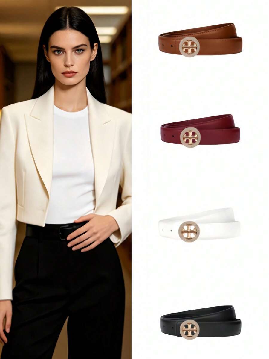 Women Circular Hollow‑Out Metal Buckle Waist Belt, Elegant Contrast Tone Buckle Design, Adjustable Solid Strap For Suit Trousers Daily Outfits - Multicolor - View 1