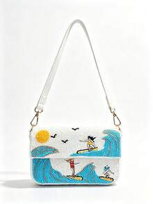 Tidet Ever Women's Summer Beach Handmade Beaded Shoulder Handbag, White Surf Wave Pattern, Crossbody Bag, Bohemian Style, Fashion Casual Daily Wear - Blue and White - View 10