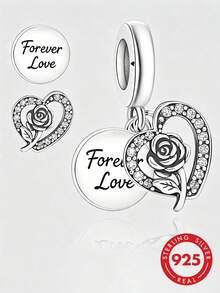 1件 S925 純銀鏤空愛心玫瑰雙墜飾，鑲鋯石刻字「Forever Love」永恆之愛 DIY 手鍊穿孔銀珠吊墜 - 銀色 - 查看 1