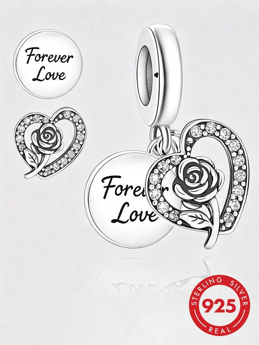 1件 S925 純銀鏤空愛心玫瑰雙墜飾,鑲鋯石刻字「Forever Love」永恆之愛 DIY 手鍊穿孔銀珠吊墜 - 銀色 - 查看 1