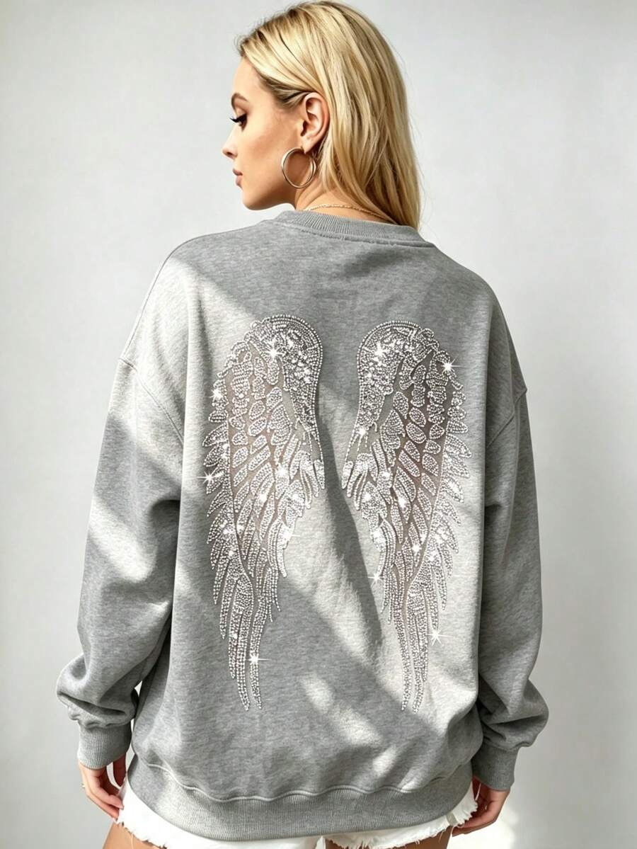 Women's Oversized Angel Wings Print Hoodie - Black Y2K Back Graphic Pullover, Fall Winter Streetwear , Comfy Oversized Silhouette2026 - 運動灰2 - 查看 1