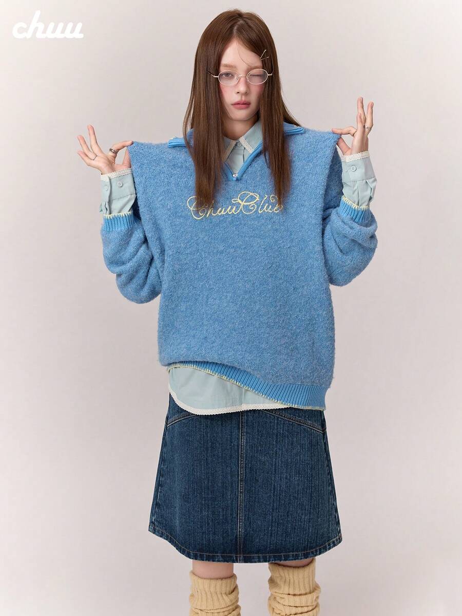 CHUU Letter Embroidered Long Sleeve Knit Sweater Women Autumn/Winter Faux Wool Loop Contrast Color Pullover Loose Fit - Blue - View 1