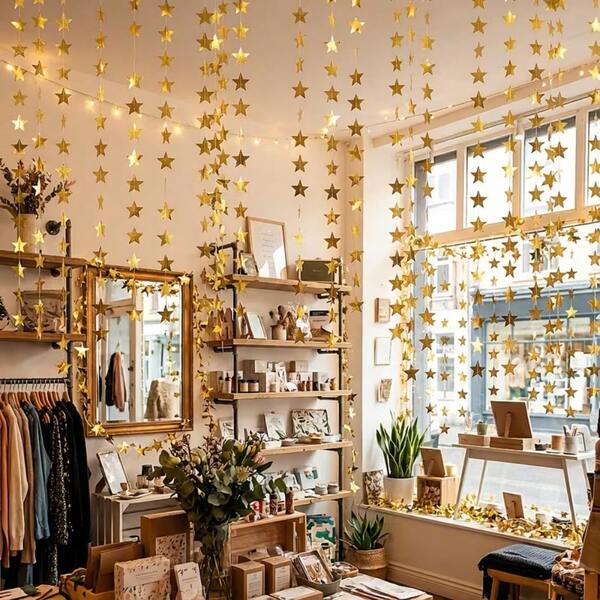 2 st hängande stjärndekorationer i guldglitter, femuddig stjärngirland, guldtinselstjärnor, festvimpeldekoration, 4 m långa vardera, lämpliga för bröllop, födelsedag, babyshower, mors dag, examen, ramadan, eid, jul, rumsdekoration, klassrumsdekoration, butiksdekoration