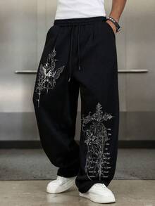 SU ER Men's Summer Casual Elastic Waist Drawstring Loose Draped Lazy Wide Leg Curved Hem Long Pants - Black - View 1