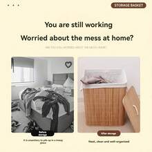 Bamboo Laundry Basket, Large Capacity, Foldable, Movable, With Handle, With Lid, Universal Wheels, Rectangular/Round, Space-Saving Storage For Bedroom, Bathroom, Laundry Room, Home Use - Bamboo Original Color - View 7