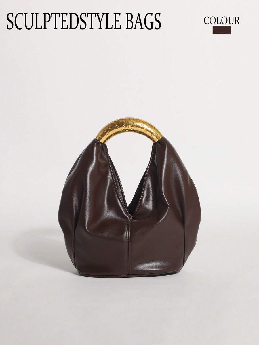1pc Brown PU Ruffled Design Vintage Metal Hardware Handbag, Exquisite Fashion Zipper Bucket Bag, Suitable For Commuting And Shopping - Coffee Brown - View 1
