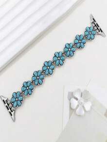 Bohemian Style Flower-Shaped Faux Turquoise Design Exquisite Women's Watch Band Accessory, Suitable As Gift Accessory For Apple Watch - Silver Blue - View 1