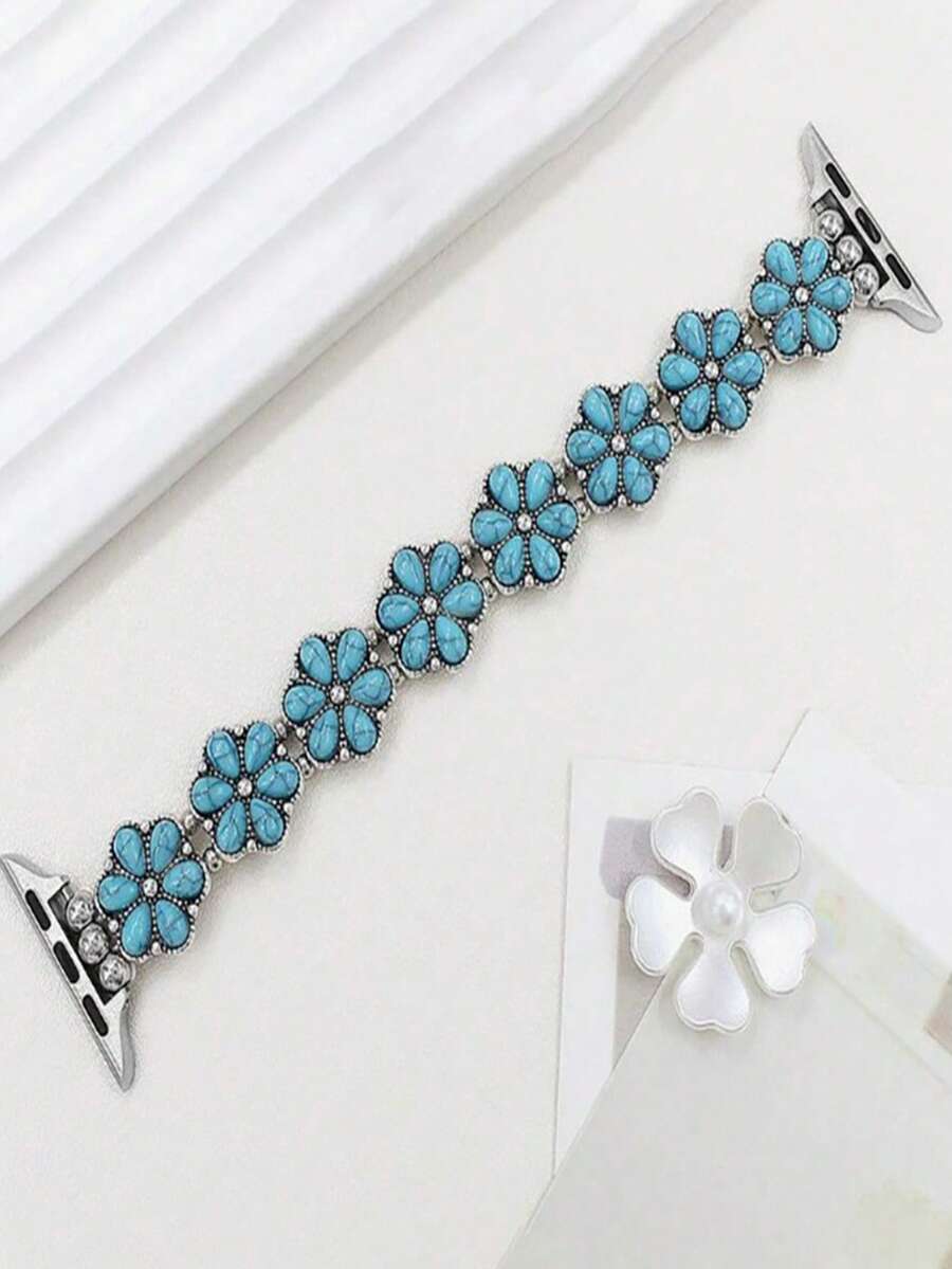 Bohemian Style Flower-Shaped Faux Turquoise Design Exquisite Women's Watch Band Accessory, Suitable As Gift Accessory For Apple Watch - Silver Blue - View 1