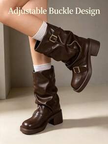 1 Pair Casual Mid-Calf Ruched Boots..Great Choice For Outdoor Shopping, Vacation, Leisure And Entertainment, Shopping Mall - Brown - View 5