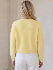 Wixra Women's Cream Yellow Waffle Ribbed Crew Neck Sweater Loose Drop Shoulder Long Sleeve Pullover - Yellow - View 2