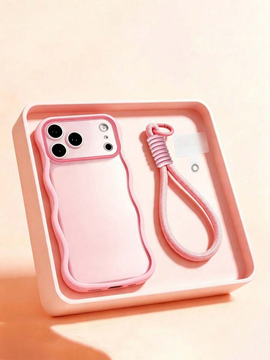奢華時尚純色波浪邊短掛繩手機殼,適用於 iPhone 17 Pro Max 17 Pro 16 Pro 16 Pro Max 15 Pro Max 15 Pro 14 Pro Max 14 13 Pro Max 13 Pro 13,創意糖果色防震保護殼 - 粉色 - 查看 1