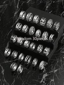 8/10/12/20/30pcs Gothic Punk Stainless Steel Ring Set For Men, Spider, Bat, Cross, Roman Number Elements Jewelry Suitable For Daily Wear And Holidays, Multiple Styles Available - Silver - View 13
