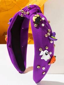 1 Stück Damen Halloween schweres Perlen- & Strass-Kürbis-Dekor verdrehter Haarreif - Violett - Übersicht 2