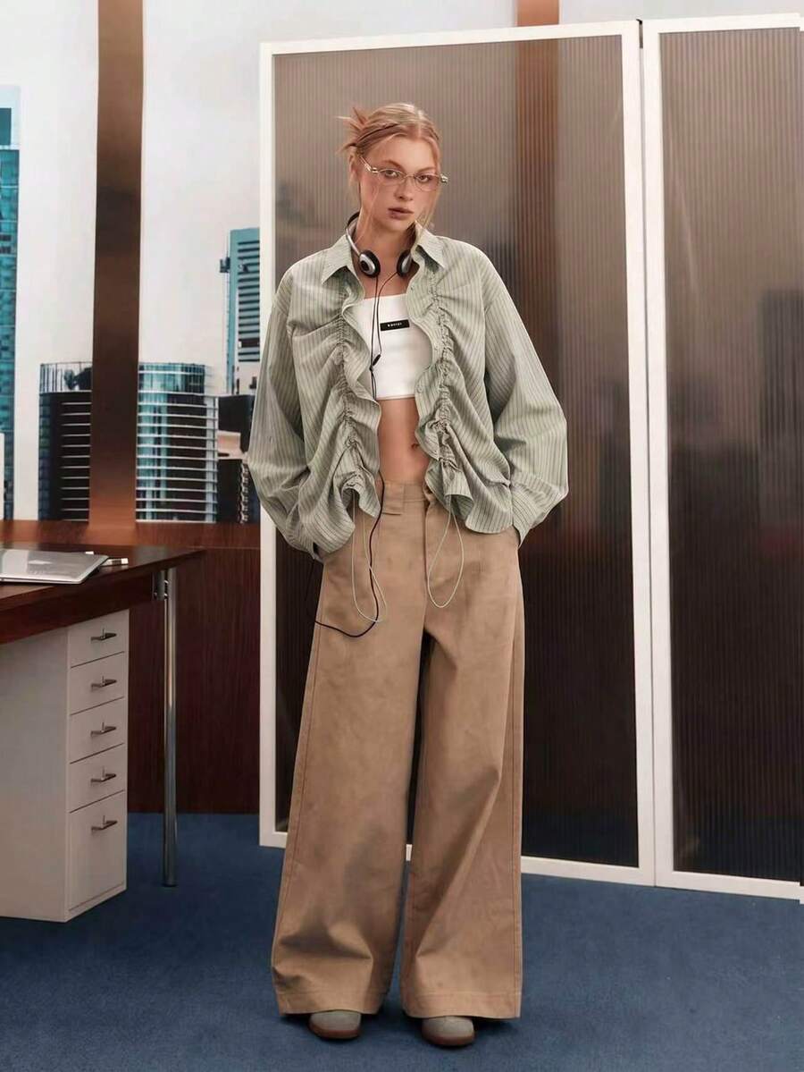 女款復古淺綠色條紋抓皺寬鬆襯衫,超大版型,春秋休閒疊穿長袖開襟襯衫,適合晚約會/日常穿著/薄款襯衫 - 薄荷綠 - 查看 1