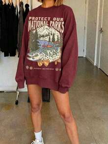 90s National Parks Unisex Sweatshirt Granola Girl Shirt Respect    Local Wildlife Pullover Hiking Camping Clothes Wanderlust Shirt - 酒紅色 2 - 查看 1