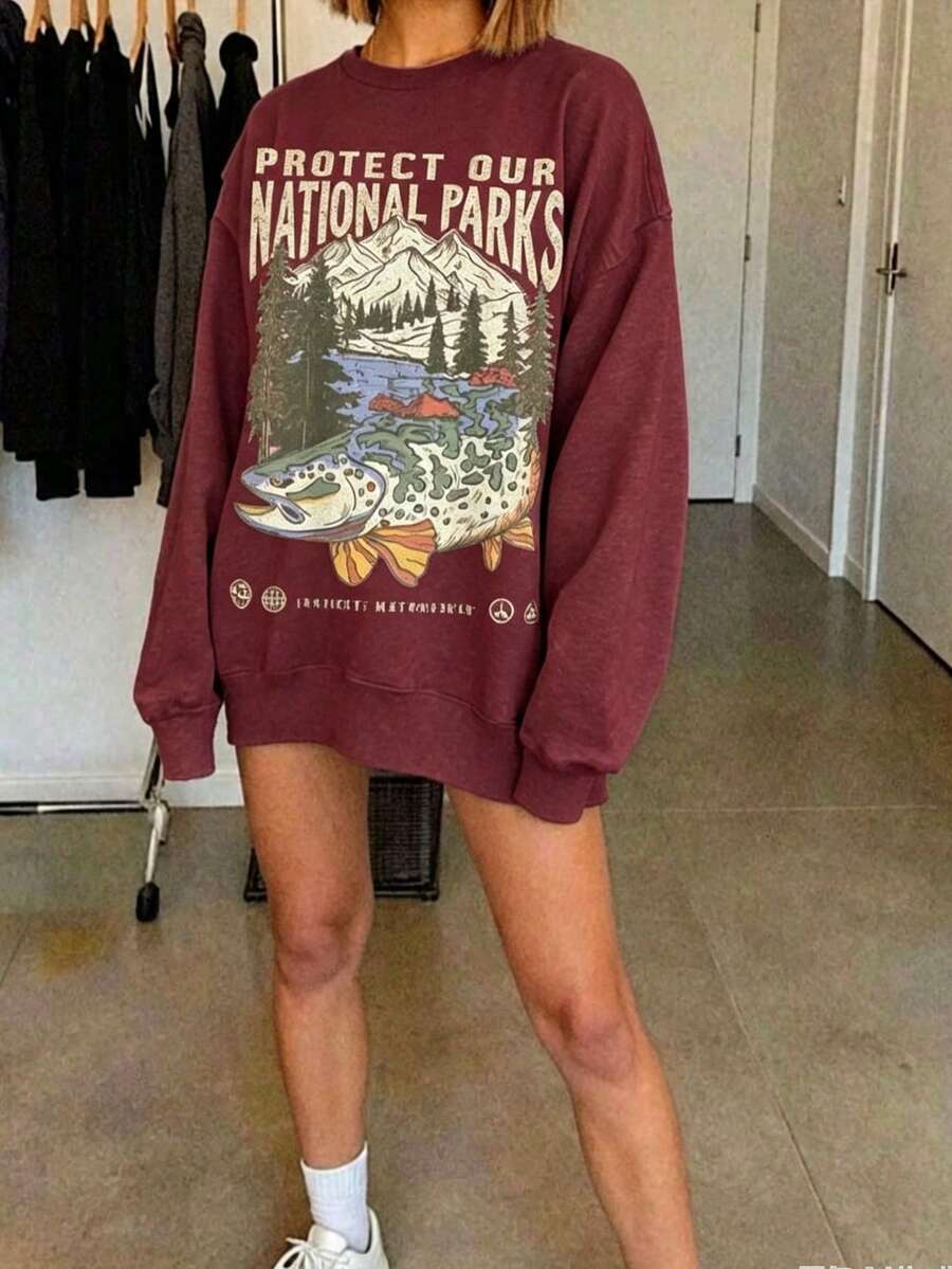 90s National Parks Unisex Sweatshirt Granola Girl Shirt Respect Local Wildlife Pullover Hiking Camping Clothes Wanderlust Shirt - 酒紅色 2 - 查看 1