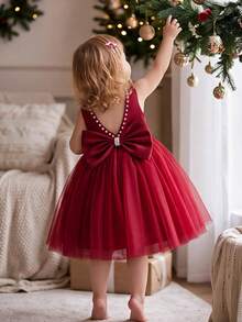 Baby Girls Mesh Party Dress Flower Girl Princess Gown Elegant Dress Suitable For Girls Baby 1st Birthday Gift Banquet Evening Party Dress Important Occasions Holiday Celebration Outfit - Burgundy - View 3
