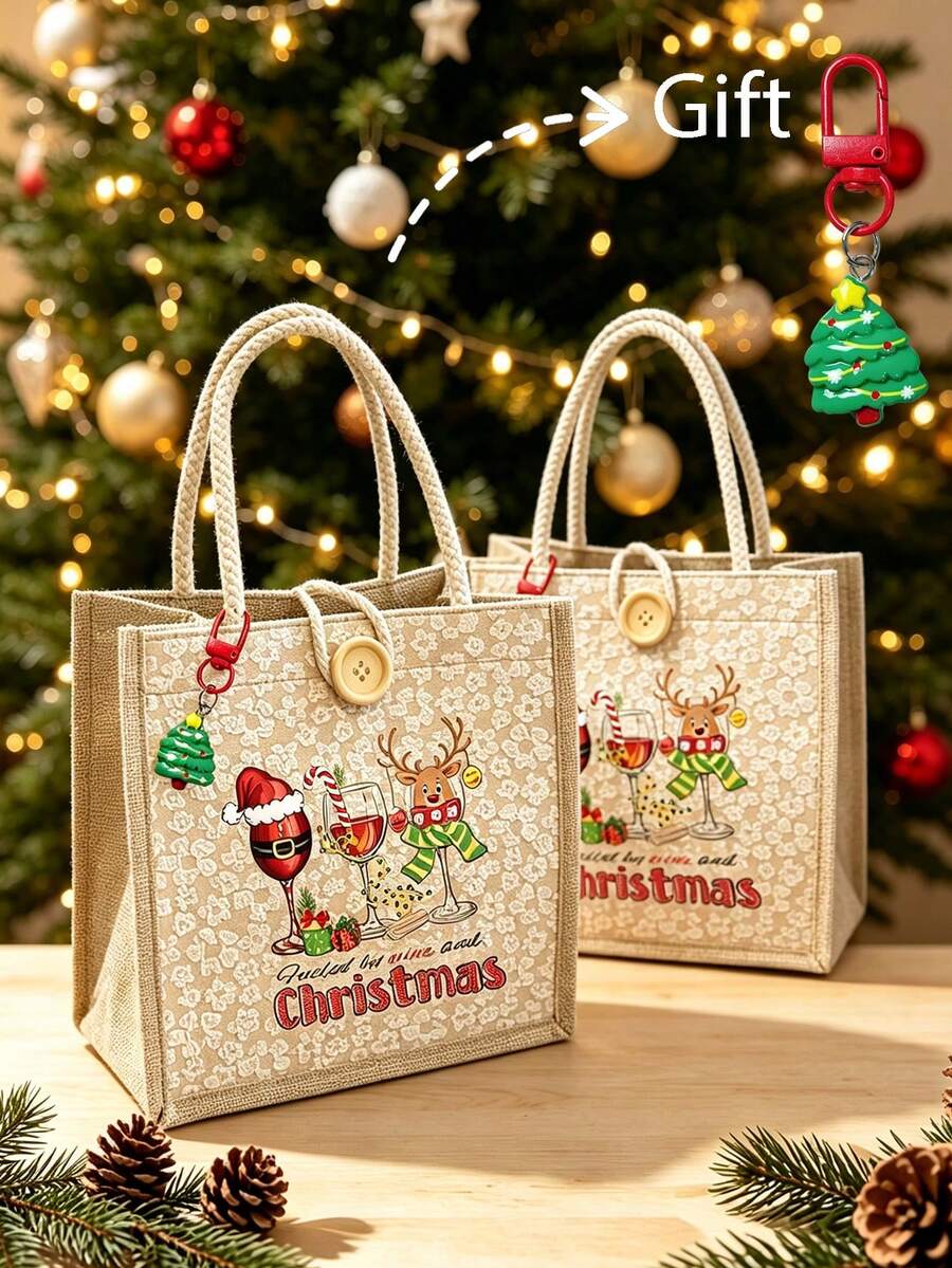 Beige Linen Tote Bag With Christmas Wine Glass & Reindeer Print, Suitable For Christmas Gifts, Travel And Daily Use - Multicolor - View 1
