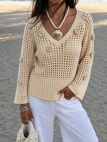 Yepolly-Pop Women For Autumn Elegant Cream Crochet Knit Cardigan, V-Neck 3D Floral Bell Sleeve, Office Daily Party Date Back To School - Apricot - View 3
