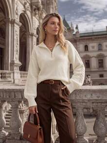 NiceArt Pull en tricot de laine à col demi-zip pour femmes, manches longues avec tricot torsadé sur les côtés, style décontracté ample, pull chaud pour l'automne/l'hiver - Blanc - Voir 1