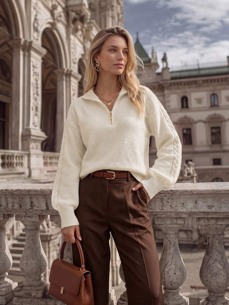 NiceArt Pull en tricot de laine à col demi-zip pour femmes, manches longues avec tricot torsadé sur les côtés, style décontracté ample, pull chaud pour l'automne/l'hiver - Blanc - Voir 1