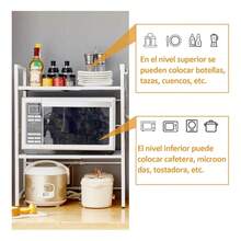 Rejilla extensible de 3 niveles para horno microondas de cocina color negro, organizador multifuncional para electrodomésticos, platos, especias y utensilios, diseño ajustable que aprovecha el espacio vertical de la encimera, estructura resistente y estable, ideal para cocinas pequeñas, fácil de montar y limpiar, - Blanco - Ver 5