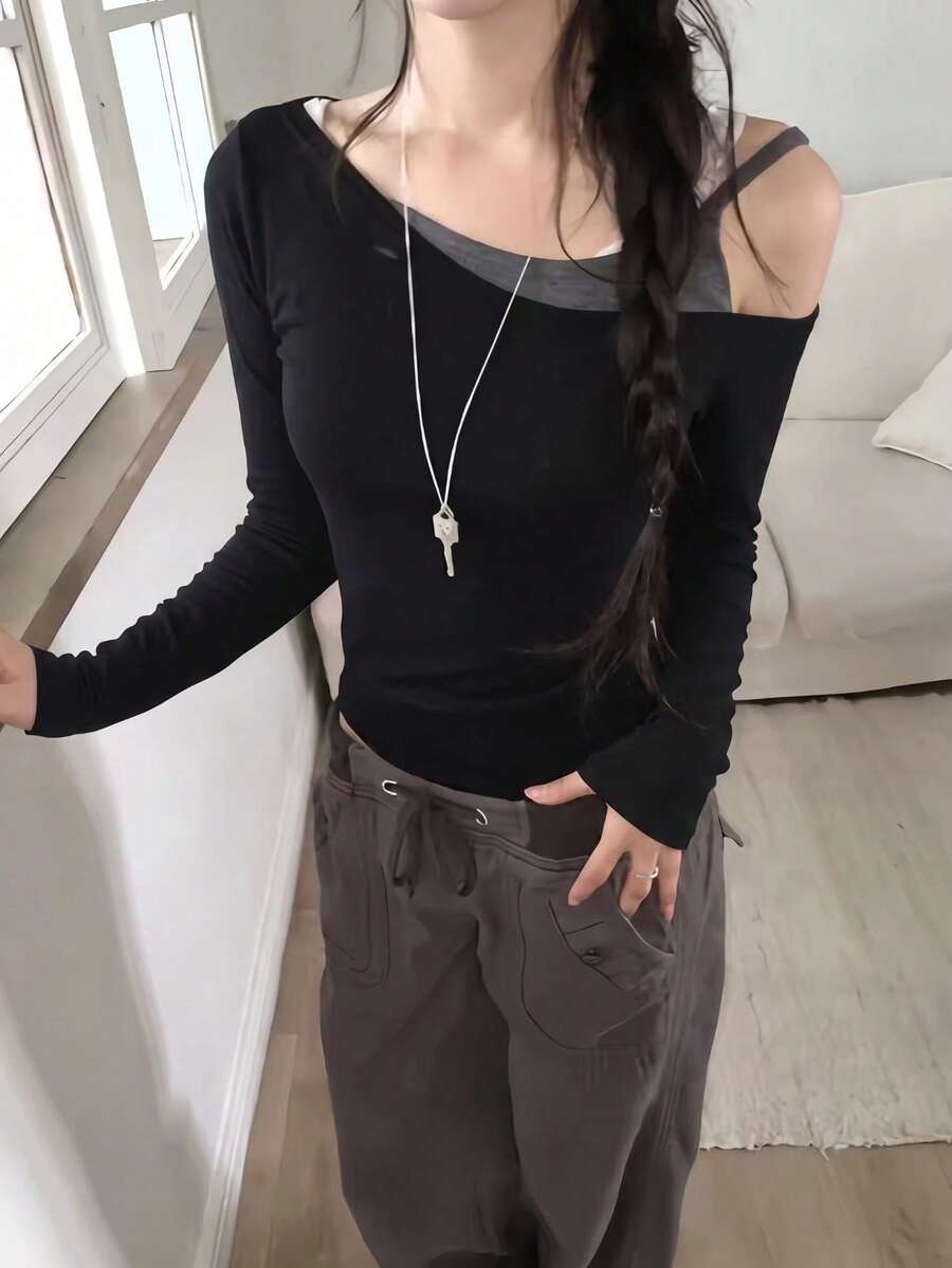 Hot Girl Style Asymmetric Cold Shoulder Long Sleeve T-Shirt Women Slim Fit Design 2 In 1 Cropped Top - Black - View 1