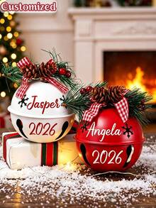 Customized Text Christmas Metal Bell Ornament, Personalized Name Christmas Tree Pendant With Pine Cone Plaid Bow Holiday Decor Gift - Multicolor - View 3