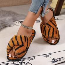 Women's Brown Cross Strap Plush Warm Slippers, Winter Fashion Cute New Hot-Selling Fuzzy Indoor Home Slippers - Brown - View 5