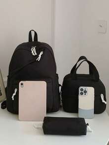 Mochila de estudiante versátil de moda para mujer de unicolor con combinación de doble espalda - Negro - Ver 2