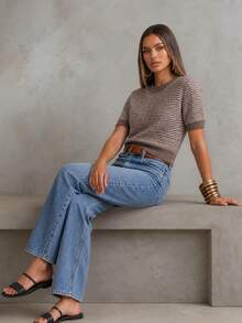 Autumn/Winter New Women's Ribbed Knit Short Sleeve Crew Neck Top, Cropped Striped Knit Sweater Summer - Khaki - View 3