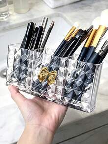 Transparent Acrylic Eyebrow Pencil Brush Storage Box + Gold Bow, Cosmetic Storage Box With Dividers, Transparent Partitioned Storage Box, Multi-Color Bow, Lipstick Organizer, Multi-Functional Medicine Storage Box, Desk And Drawer Organizer, Suitable For Makeup Brushes, Cosmetics, Medicine Storage, Desktop Shelf, Perfect For Office Storage And Home Daily Organization - Multicolor - View 6