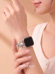 Compatible With Apple Watch Bands / Watch Straps, Women's Style, Iridescent Full Rhinestone Flower Silver Metal Decorative Band, Delicate Slim Adjustable Metal Bracelet, Compatible With Apple Watch 38/40/41/42/44/45/46/49mm, Compatible With Ultra3/2/1/Se/11/10/9/8/7/6/5/4/3/2/1 All Series, Niche Ethereal Luxury Smart Watch Accessory - Silver - View 4