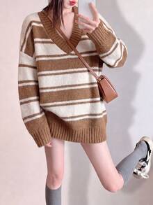 Women's New Autumn/Winter Casual Striped V-Neck Pullover Sweater - Khaki - View 3