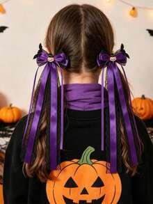 2pcs Girls Halloween Dark Lace Bow Bat Decor Ribbon Ponytail Hair Clips - Purple - View 2