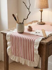 1pc Red & White Striped With Beige Ruffle Edge Table Runner, Natural Rustic Style, Long Rectangular Shape With Ruffle Edge Detail, Decorative Functional Dining Table Runner Suitable For Tea Ceremony Arrangement And Natural Home Decor Scenes - Red - View 2